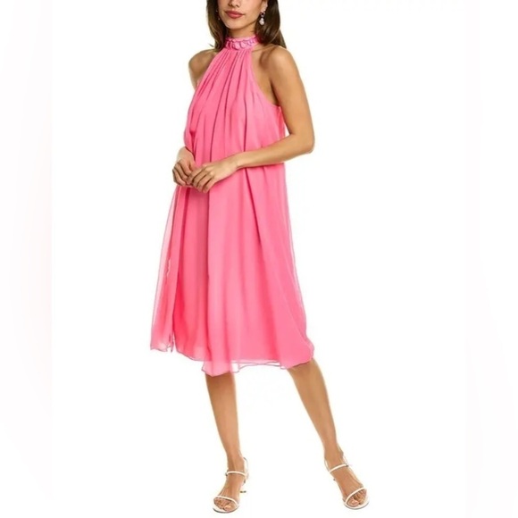 NWT Trina Turk Mallow Silk Midi Dress In Candy Pink Layered Halter Jeweled Neck
